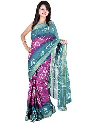 Purple and Green Bandhani Tie-Dye Sari Golden Thread Weave on Border