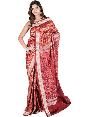 Autumn Glaze-Red Sambhalpuri Sari from Orissa with Ikat Weave and Auspicious Motifs
