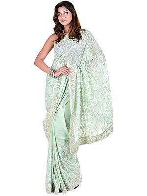 Dusty-Jade Green Designer Sari with All-Over Thread Embroidery and Sequins