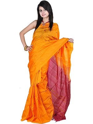 Amber and Burgundy Sari from Tamil Nadu with All-Over Woven Bootis