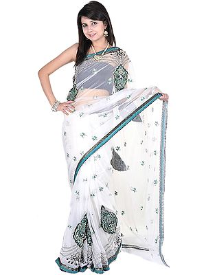 White Designer Sari with Giant Patch Bootis and Gota Border