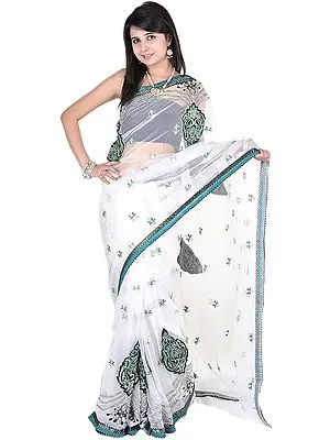 White Designer Saree with Giant Patch Bootis and Gota Border
