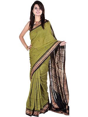 Avocado-Green Bomkai Sari from Orissa with All-Over Woven Bootis and Rudraksha Border
