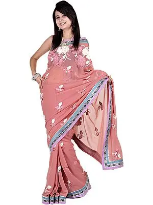 Canyon Rose-Pink Sari with Metallic Thread Embroidered Flowers and Patch Border