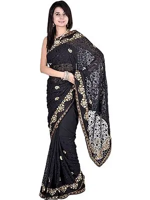 Black Designer Sari with Multi-Color Embroidered Paisleys All-Over