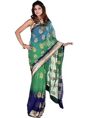 Sea-Green and Blue Designer Sari with with Metallic Thread Embroidered Large Bootis and Patch Border