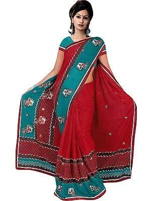 Scarlet-Red and Green Sari with Printed Polka dots and Thread Embroidered Flowers