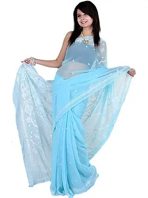 Petit-Four Blue Chikan Sari From Lucknow with Hand Embroidered Flowers