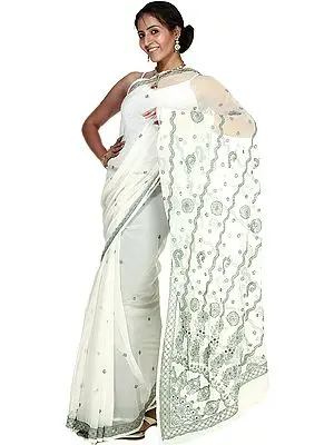 Chic-White Sari with Lukhnavi Chikan Embroidered Flowers