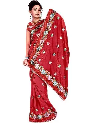 True-Red Sari with Crewel Embroidered Flowers