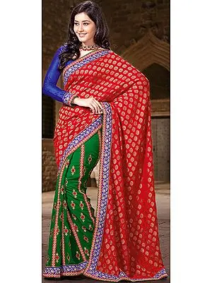 Red and Green Wedding Patli Sari with Woven Bootis and Embroidered Border