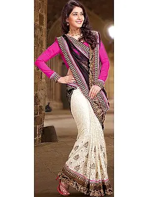Black and Ivory Designer Sari with Metallic Thread Embroidery and Fuchsia Blouse