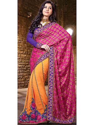 Hot-Pink and Amber Wedding Patli Sari with Woven Bootis and Embroidered Border