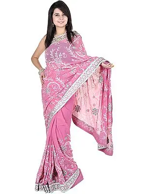Dusty-Rose Sari with All-Over Aari Embroidery and Patch Border