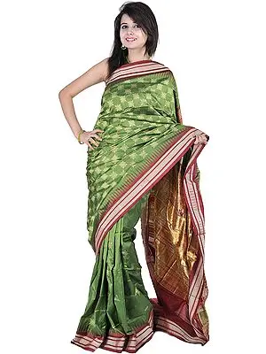 Vineyard-Green Bomkai Sari from Orissa with Woven Bootis and Box Weave on Pallu