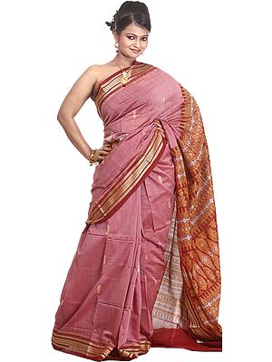 Malaga-Mauve Bomkai Sari from Orissa with Woven Bootis and Rudraksha Border