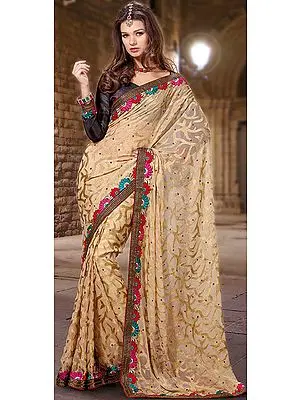 Beige Wedding Sari with Woven Jaal and Embroidered Patch Flowers