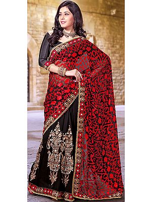 Red and Black Designer Sari with Weave on Anchal and Large Embroidered Bootis and Front