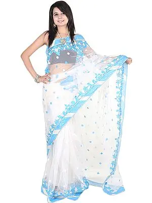 Water and Ice Sari with All-Over Aari Embroidered Bootis and Patch Border