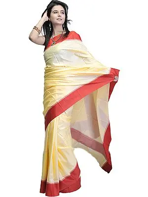 Plain Chamomile-Cream Puja Sari with Wide Red Border