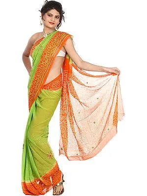 Light-Green and Orange Bandhani Tie-Dye Sari from Gujarat with Embroidered Sequins