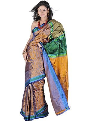 Mustard Banarasi Sari With All Over Woven Triangles And Brocaded Aanchal