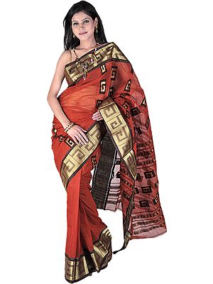 Burnt-Ochre Dhakai Sari from Kolkatta with Golden Thread Weave and Geometric Spirals