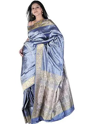 Forever-Blue Banarasi Sari with All-Over Floral Weave by Hand and Meenakari Anchal
