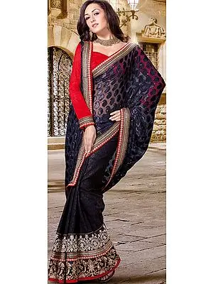 Black Designer Sari with Sequins and Embroidered Patch Border