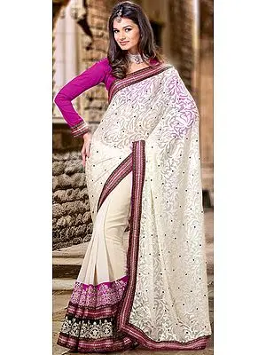 Ivory Wedding Sari with Embroidered Sequins and Fuchsia Blouse