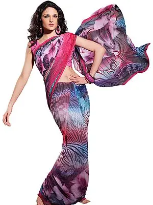 Purple and Red Designer Sari with Large Printed Flowers