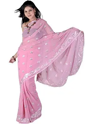 Sea-Pink Designer Sari with Metallic Thread Embroidered Flowers and Sequins
