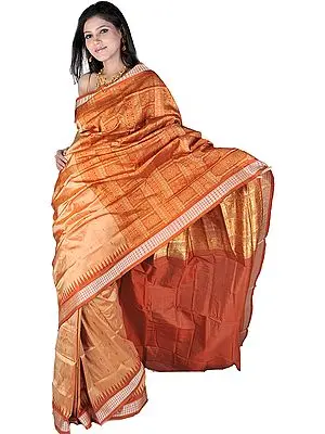Golden Brown Bomkai Handloom Sari from Orissa with Woven Bootis and Rudraksha Border