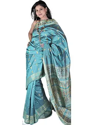 Bright Aqua-Green Baluchari Sari from Bengal with Hand Woven Dancing Apsaras on Aanchal