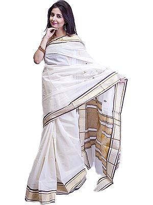 Ivory Kasavu Sari from Kerala with Woven Little Krishna on Aanchal