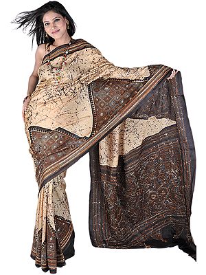 Beige and Brown Batik Sari from Kolkata with Dense Kantha Stiched Embroidery on Aanchal