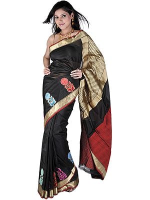 Black Banarasi Handloom Sari with Woven Flowers on Border and Brocaded Aanchal