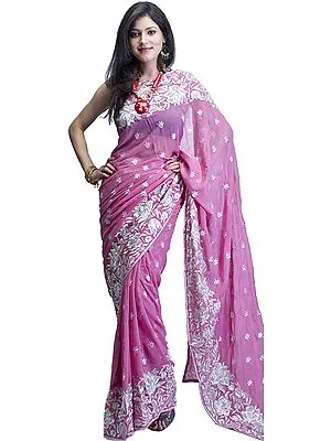 Lilac-Pink Designer Sari with Metallic Thread Embroidered Flowers and Sequins