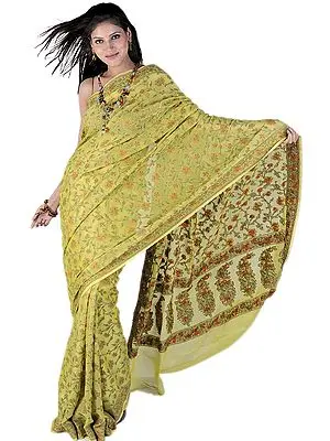 Limeade-Green Banarasi Sari with Hand Woven Flowers All-Over