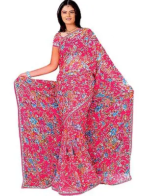 Carmine-Pink Printed Sari with Metallic Thread Embroidered Flowers and Sequins