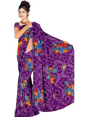Purple Printed Sari from Surat with Embroidered Flowers