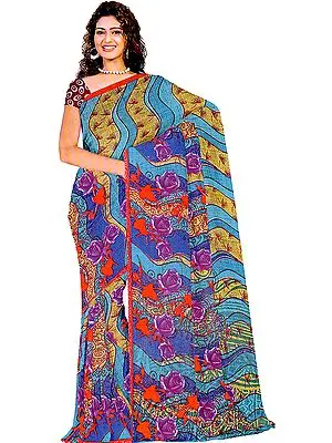 Multi-Color Sari with Large Printed Roses