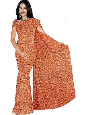 Coral Sari with Printed Polka Dot's and Embroidered Spirals