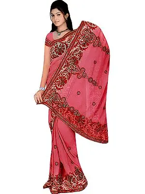 Rose-Pink Printed Sari with Embroidered Flowers and Sequins