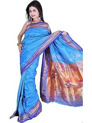Swedish-Blue Paithani Sari with Hand-woven Peacocks on Anchal in Zari Thread