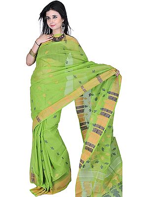 Lime-Green Dhakai Sari from Kolkata with Hand-woven Paisleys and Flowers