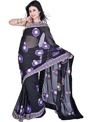 Black Designer Sari with Metallic Thread Embroidered Flowers and Patch Border