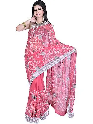 Baroque-Rose Designer Sari with Aari Embroidered Flowers All-Over