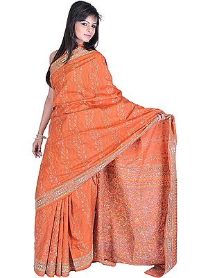 Jaffa-Orange Sari from Bengal with Kantha Stitched Embroidered Flowers All-Over