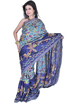 Blue Atoll Printed Sari from Kolkata with Metallic Thread Embroidered Flowers